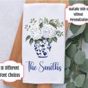  Personalized Hydrangea Waffle Weave Kitchen Towel, Blue Chinoiserie Decor, Hostess or Housewarming Gift