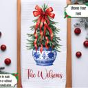  Personalized Christmas Tree In Chinoiserie Vase Waffle Weave Kitchen Towel, Christmas Holiday Kitchen Decor, Holiday Hostess Gift