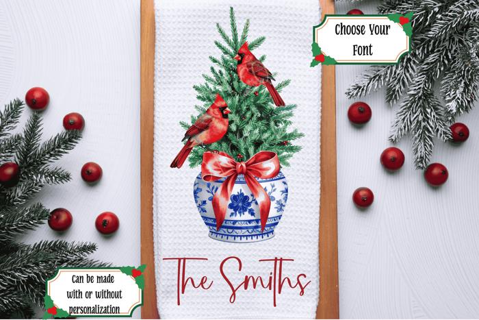 Personalized Cardinals Waffle Weave Kitchen Towel, Christmas Chinoiserie Kitchen Decor, Holiday Hostess Housewarming Gift