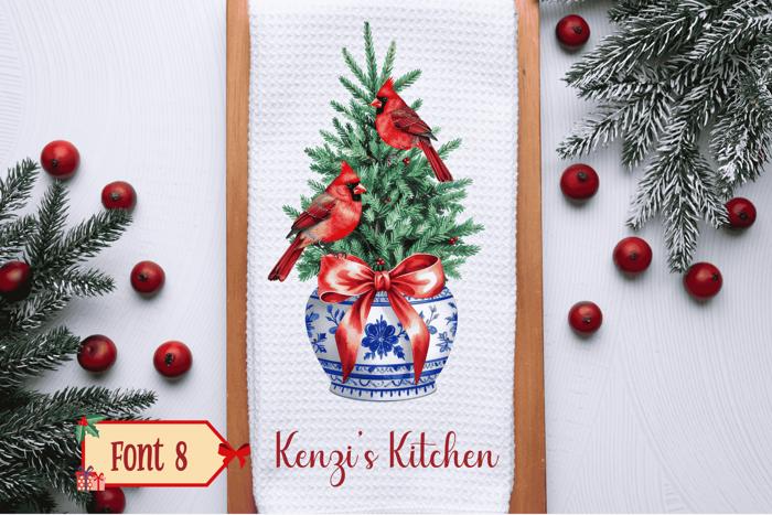 Personalized Cardinals Waffle Weave Kitchen Towel, Christmas Chinoiserie Kitchen Decor, Holiday Hostess Housewarming Gift
