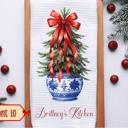 Personalized Christmas Tree In Chinoiserie Vase Waffle Weave Kitchen Towel, Christmas Holiday Kitchen Decor, Holiday Hostess Gift