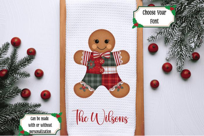 Personalized Faux Patchwork Gingerbread Man Microfiber Waffle Weave Kitchen Towel, Christmas Winter Kitchen Decor, Christmas Gift