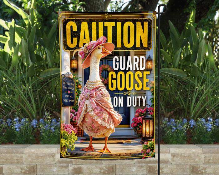 Caution Guard Goose On Duty Porch Goose 12x18 Double Sided Garden Flag