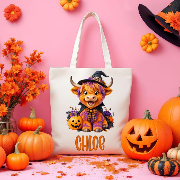 Personalized Highland Cow Kids Trick or Treat Bag, Custom Kids Tote Bag