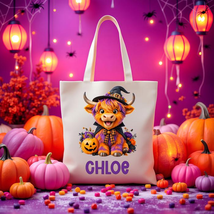 Personalized Highland Cow Kids Trick or Treat Bag, Custom Kids Tote Bag