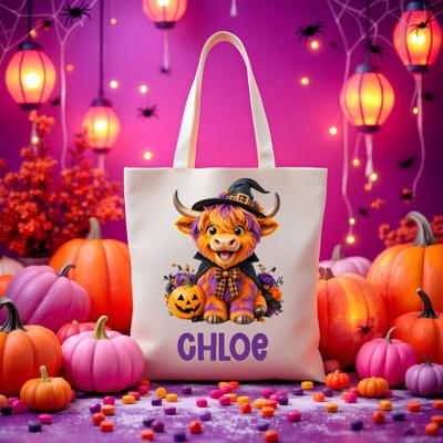 Personalized Highland Cow Kids Trick or Treat Bag, Custom Kids Tote Bag