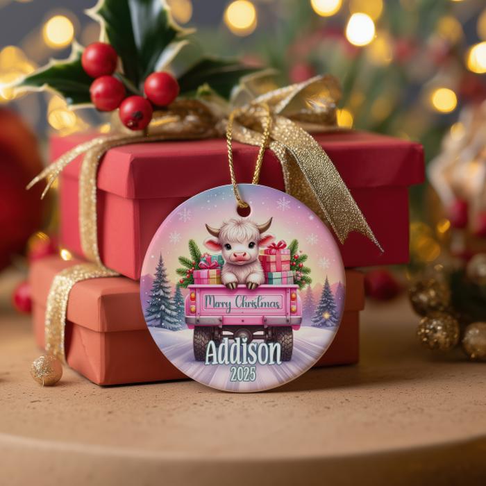 Personalized Highland Cow Ceramic Ornament, Girls Christmas Gift, Kids Keepsake Ornament, Stocking Stuffer