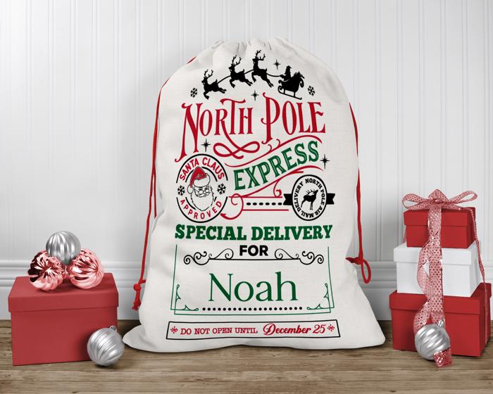 Personalized North Pole Santa Sack, Present Bag, Christmas Gift Sack, Gift Bag For Girl or Boy, Christmas Decor, Large Canvas Gift Bag