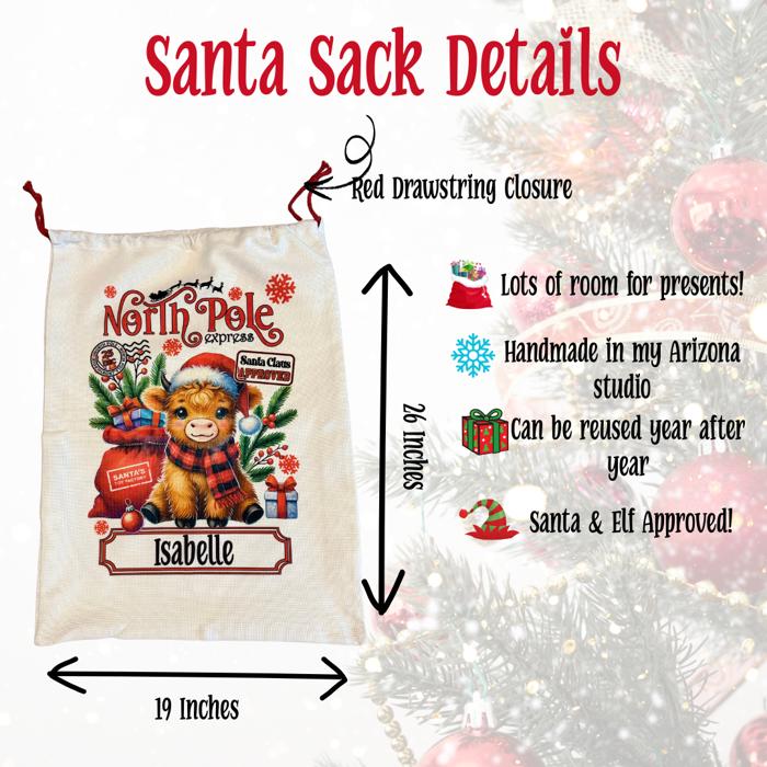 Personalized Reindeer Kids Santa Sack, Present Bag, Christmas Gift Sack, Gift Bag For Girl or Boy, Christmas Decor, Large Canvas Gift Bag