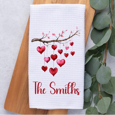 Personalized Hanging Hearts Waffle Weave Kitchen Towel, Valentine's Kitchen Decor, Hostess Housewarming Gift