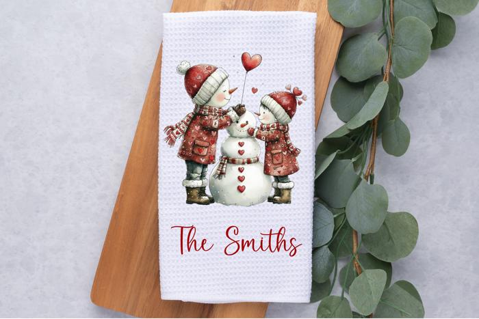 Personalized Valentine's Snowman Couple Waffle Weave Kitchen Towel, Valentine's Day Kitchen Decor, Hostess Housewarming Gift