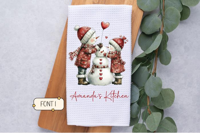 Personalized Valentine's Snowman Couple Waffle Weave Kitchen Towel, Valentine's Day Kitchen Decor, Hostess Housewarming Gift