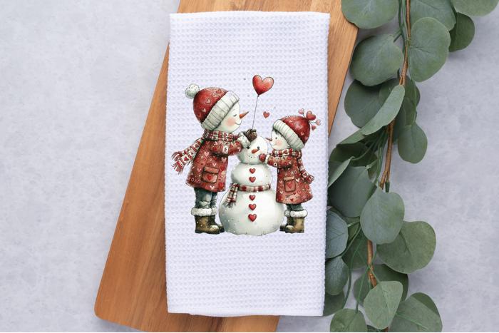 Personalized Valentine's Snowman Couple Waffle Weave Kitchen Towel, Valentine's Day Kitchen Decor, Hostess Housewarming Gift