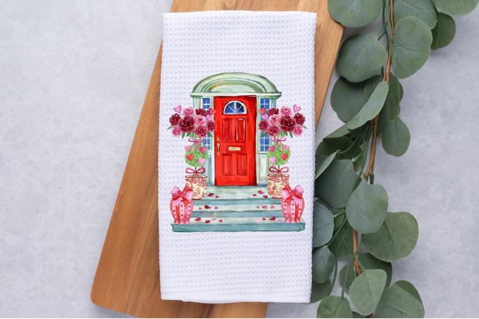 Personalized Valentine's Day Front Door Waffle Weave Kitchen Towel, Valentines Kitchen Decor, Hostess Housewarming Gift