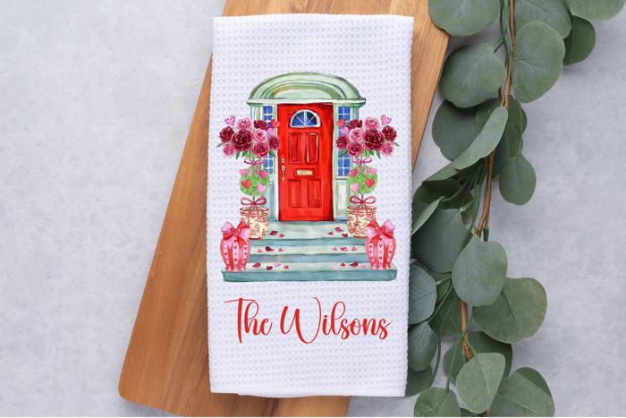 Personalized Valentine's Day Front Door Waffle Weave Kitchen Towel, Valentines Kitchen Decor, Hostess Housewarming Gift