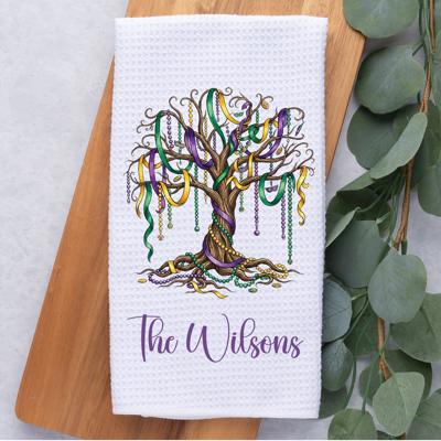 Personalized Mardi Gras Tree Waffle Weave Kitchen Towel, Mardi Gras Kitchen Decor, Hostess Housewarming Gift