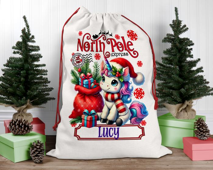 Personalized Kids Unicorn Santa Sack, Christmas Gift Sack, Gift Bag For Girl, Large Canvas Gift Bag