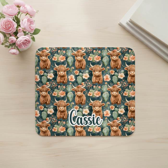 Personalized Green Highland Cow Desk Mat