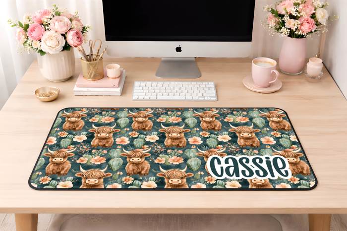 Personalized Green Highland Cow Desk Mat