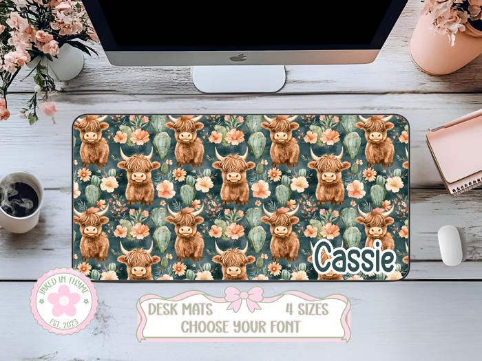 Personalized Green Highland Cow Desk Mat