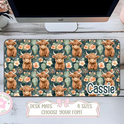 Personalized Green Highland Cow Desk Mat