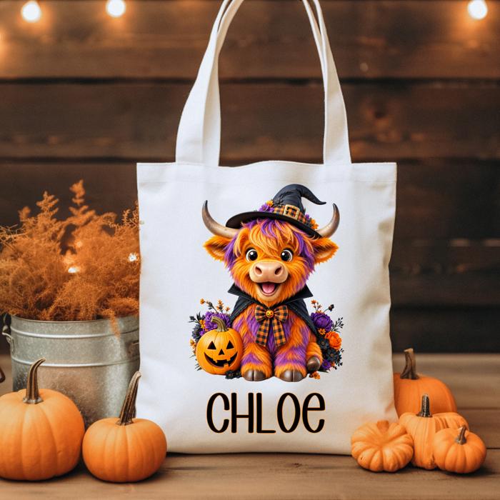 Personalized Highland Cow Kids Trick or Treat Bag, Custom Kids Tote Bag