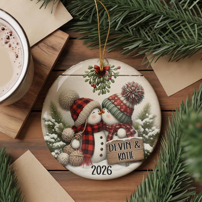 Personalized Kissing Snowman Couple Ceramic Ornament