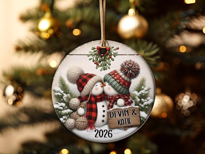 Personalized Kissing Snowman Couple Ceramic Ornament