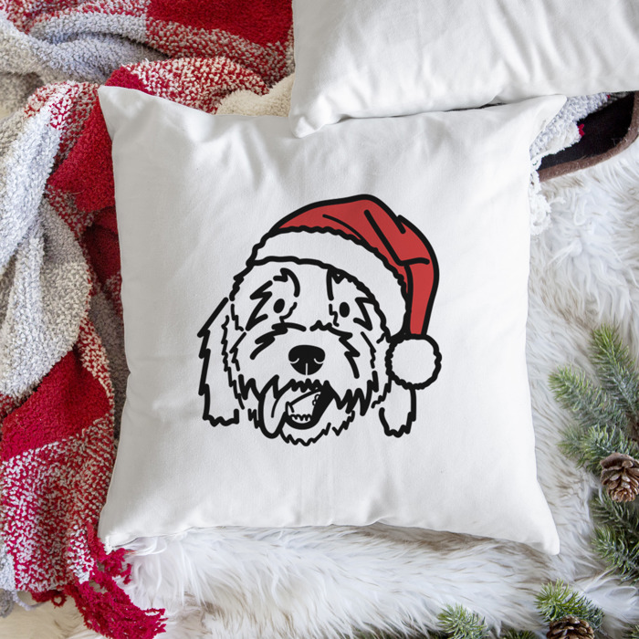 Doodled Santa Hat Dog Breed Throw Pillow Cover -50+ Breeds
