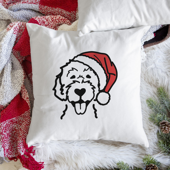 Doodled Santa Hat Dog Breed Throw Pillow Cover -50+ Breeds