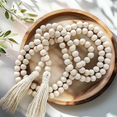 76" Wood Bead Garland with Jute Tassels
