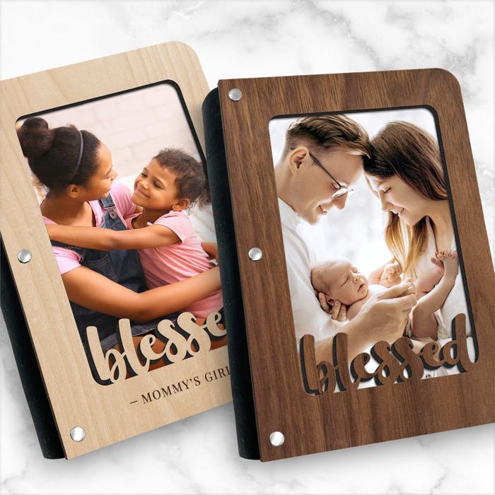 Personalized "Blessed" Wood Journal with Photo Sleeve
