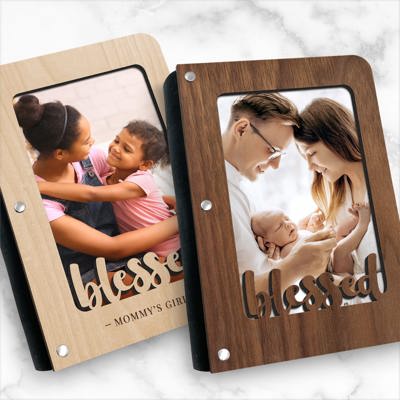 Personalized "Blessed" Wood Journal with Photo Sleeve