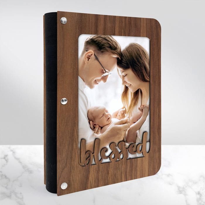 Personalized "Blessed" Wood Journal with Photo Sleeve