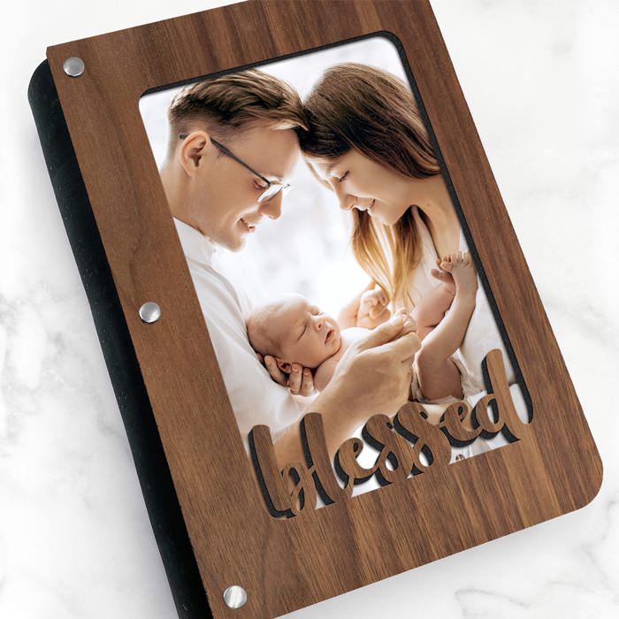 Personalized "Blessed" Wood Journal with Photo Sleeve