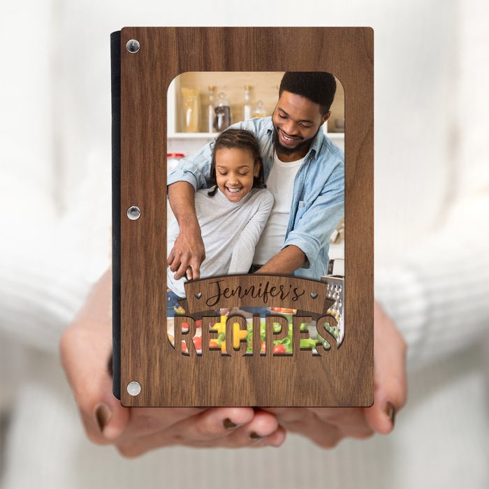 Personalized Wood Recipe Book with Photo Sleeve, Banner Design