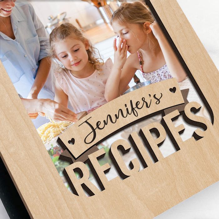 Personalized Wood Recipe Book with Photo Sleeve, Banner Design