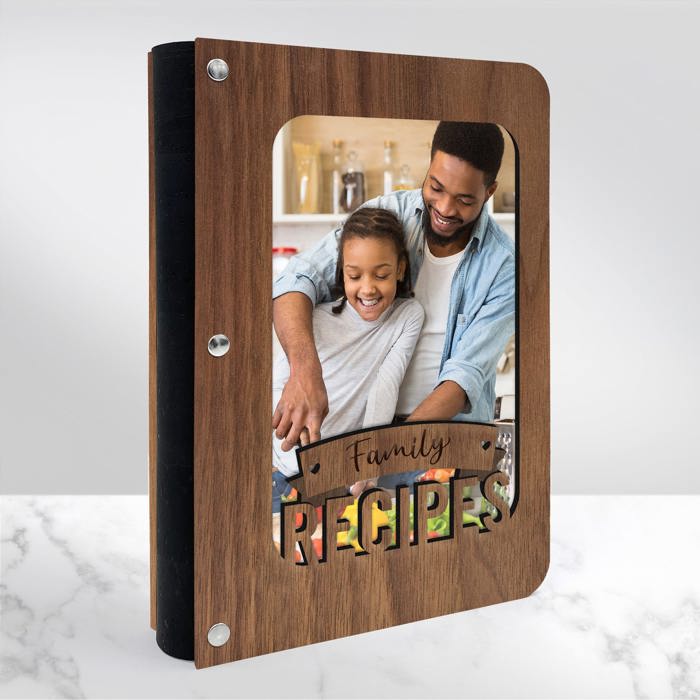 Personalized Wood Recipe Book with Photo Sleeve, Banner Design