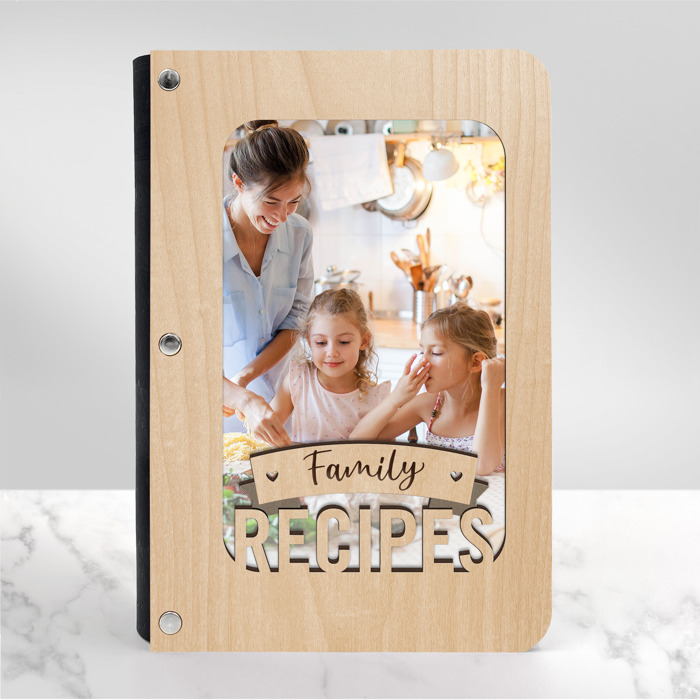 Personalized Wood Recipe Book with Photo Sleeve, Banner Design