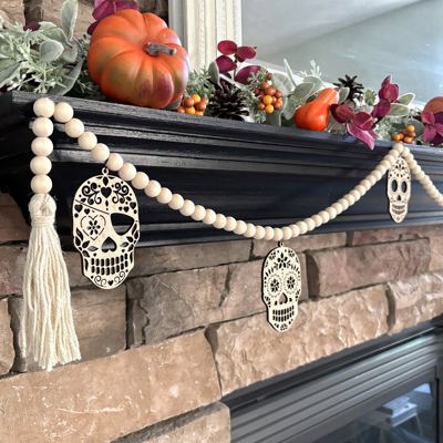 Candy Skull Wood Bead Garland with Interchangeable Seasonal Charms