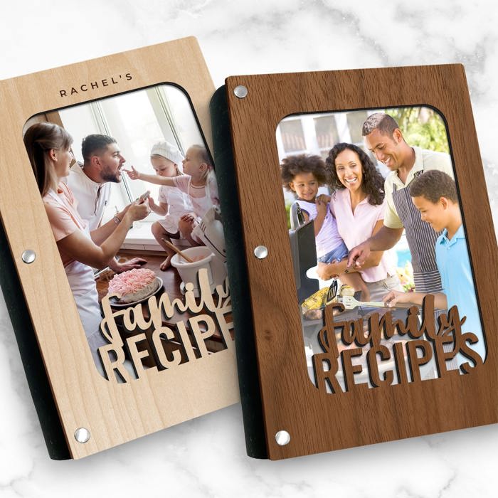 "Family Recipes" Personalized Wood Recipe Book with Photo Sleeve