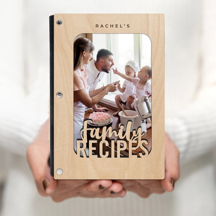 "Family Recipes" Personalized Wood Recipe Book with Photo Sleeve
