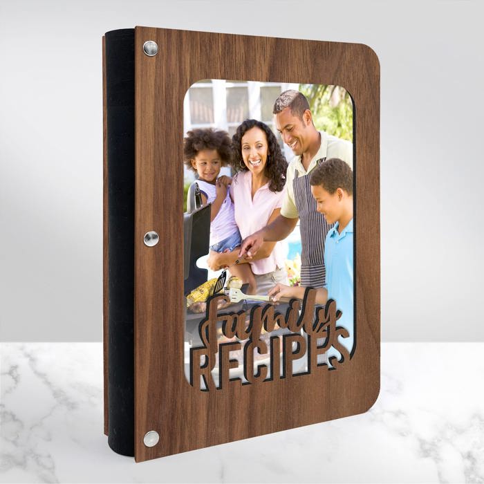 "Family Recipes" Personalized Wood Recipe Book with Photo Sleeve
