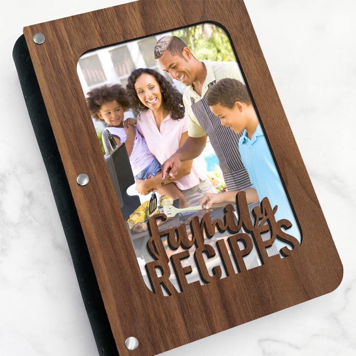 "Family Recipes" Personalized Wood Recipe Book with Photo Sleeve