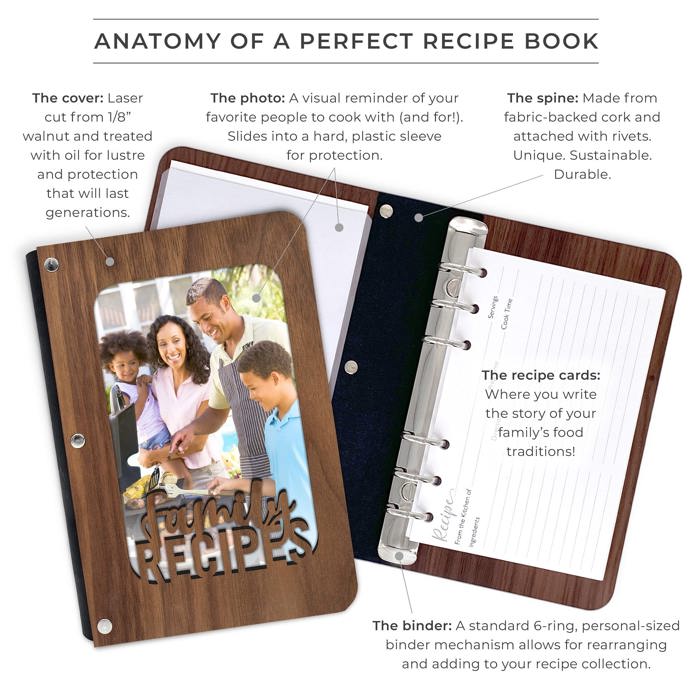 "Family Recipes" Personalized Wood Recipe Book with Photo Sleeve