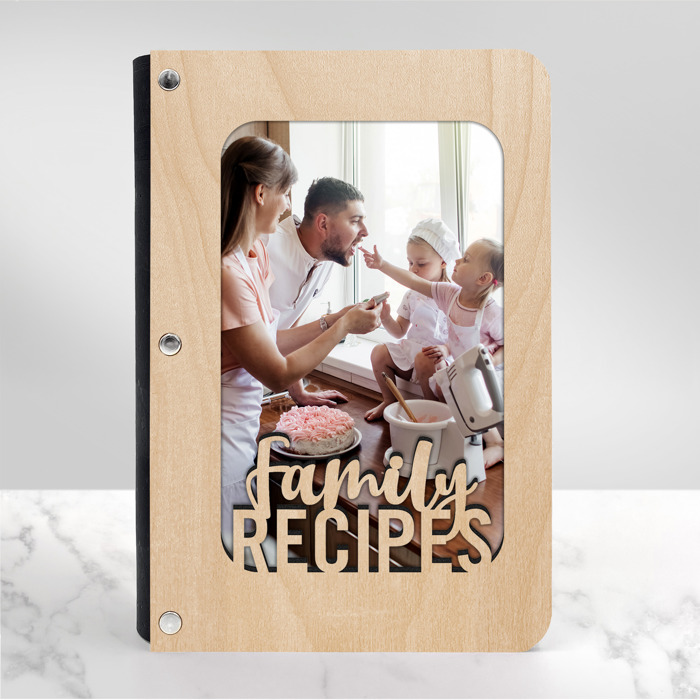 "Family Recipes" Personalized Wood Recipe Book with Photo Sleeve