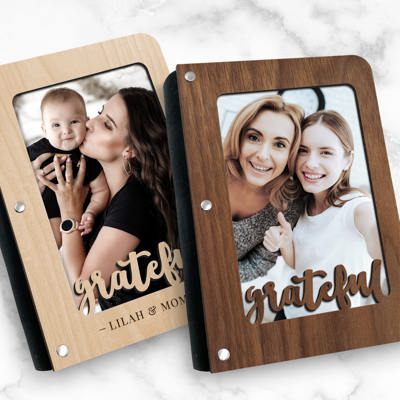 Personalized "Grateful" Wood Journal with Photo Sleeve