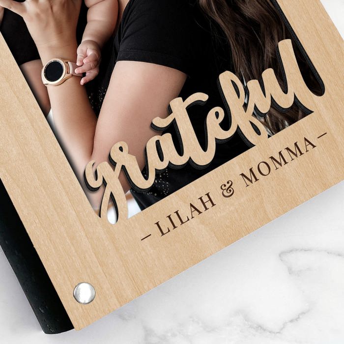 Personalized "Grateful" Wood Journal with Photo Sleeve