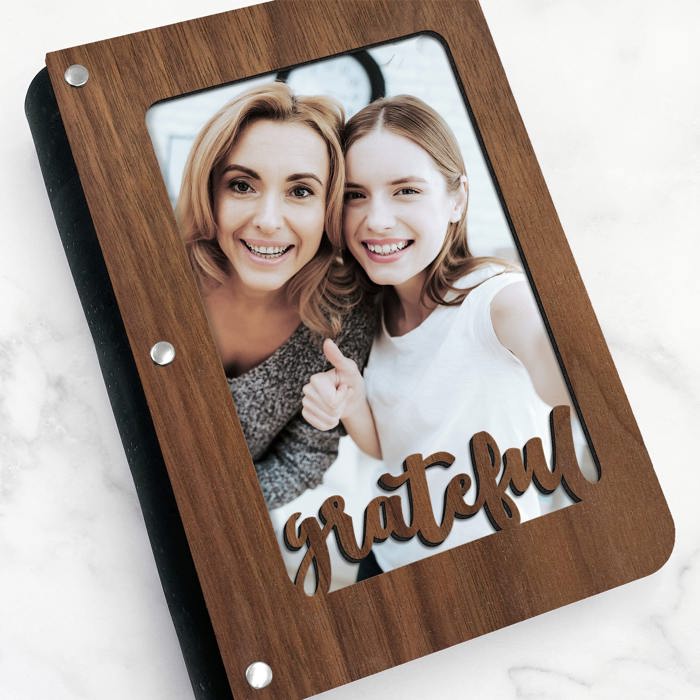 Personalized "Grateful" Wood Journal with Photo Sleeve