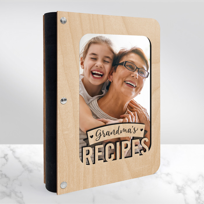 "Grandma's Recipes" Wood Recipe Book with Photo Sleeve